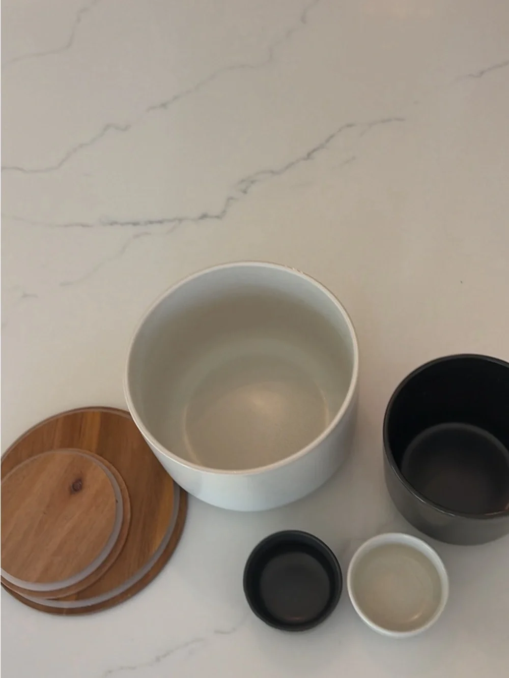 Pottery Barn Ceramic Canister Set with Wood Lids - White & Black